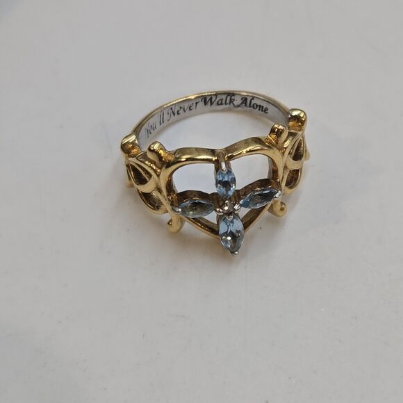 18k Gold Plated Sterling Blue Topaz "Faith You'll Never Walk Alone" Ring 5.5 - Picture 1 of 5
